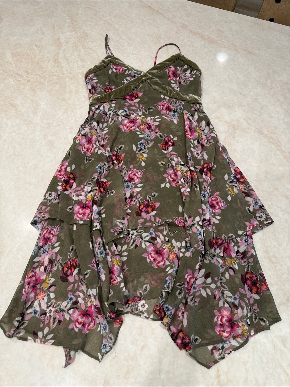 White House Black Market Olive Green Floral Handkerchief-Hem Dress